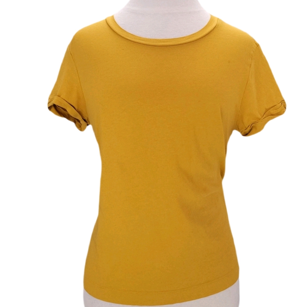 Loft M Womens T-Shirt Mustard Cuffed Short Sleeve Scoop Neck Stretch Back Seam